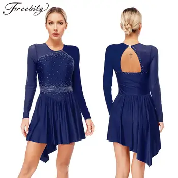 Damska sukienka do łyżwiarstwa figurowego z długim rękawem taniec liryczny balet gimnastyka stroje taneczne błyszczące Rhinestone przezroczysta siateczka sukienki trykotowe