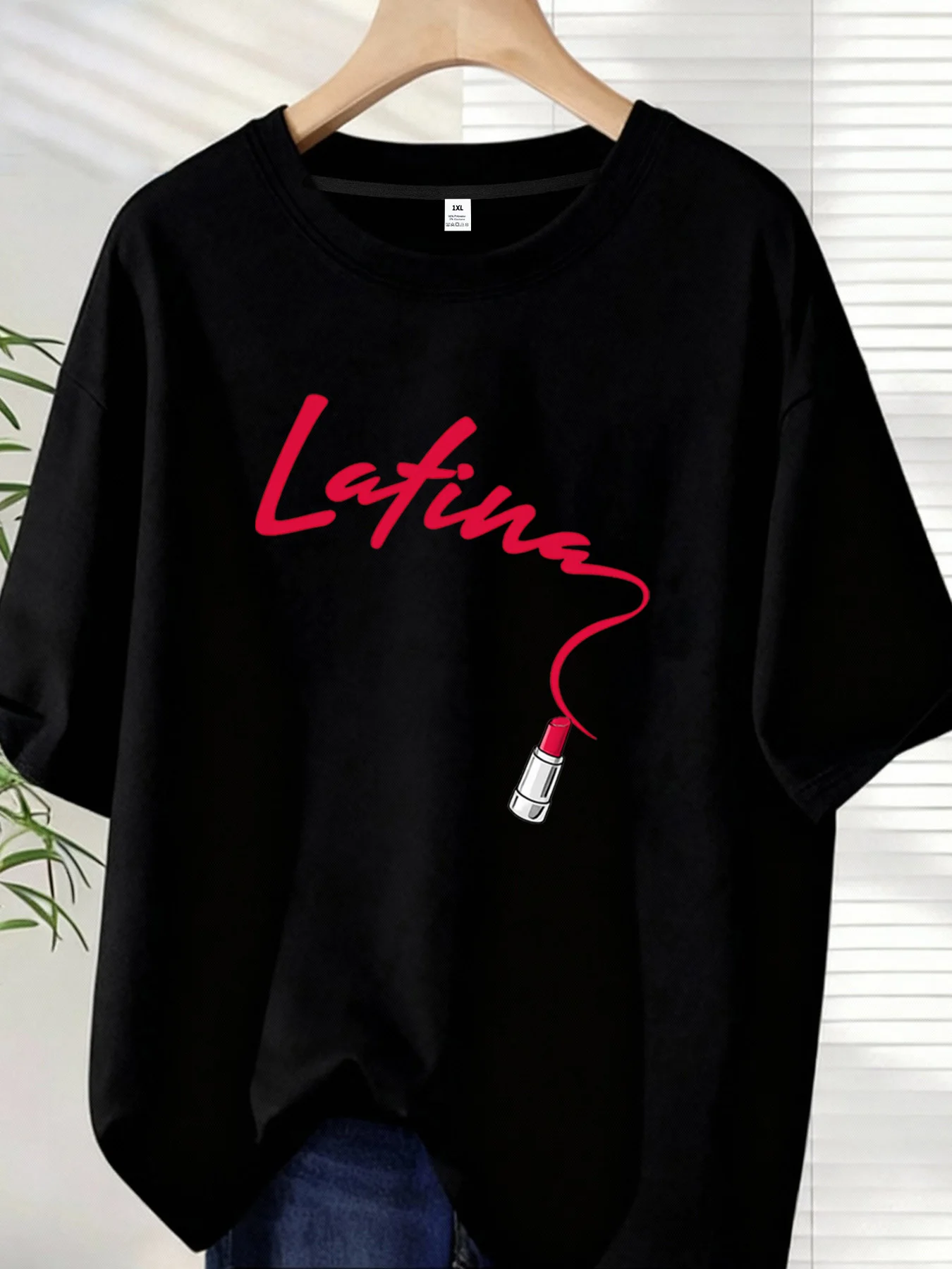 

【ZXH1010】Женская футболка больших размеров с круглым вырезом, короткими рукавами, эластичными рукавами до локтя и модными принтами (дизайн: помада и буквы)