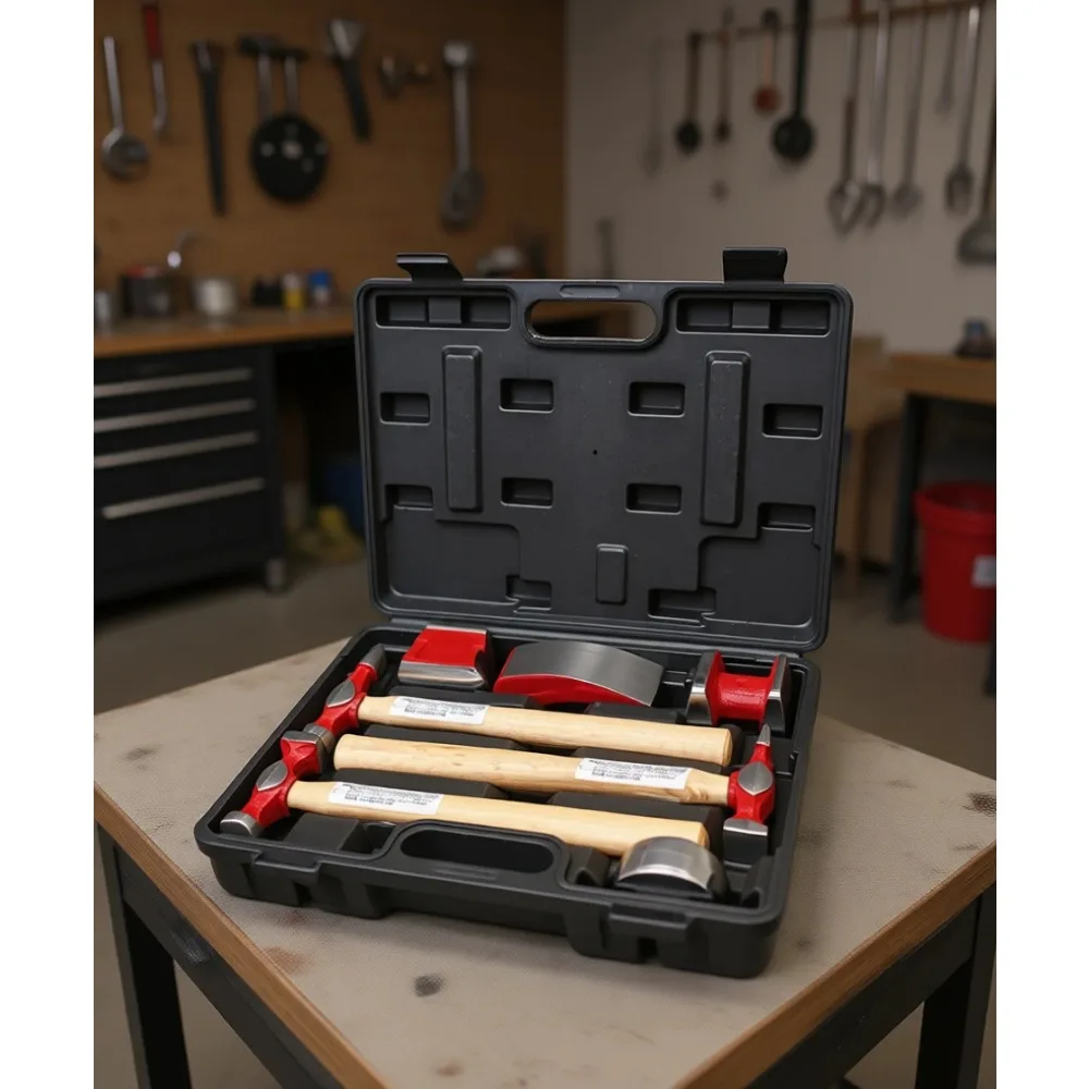 

Seven Piece Heavy Duty Auto Body Repair Kit Carbon Steel Hammer and Dollies Wood Handles Dent Removal
