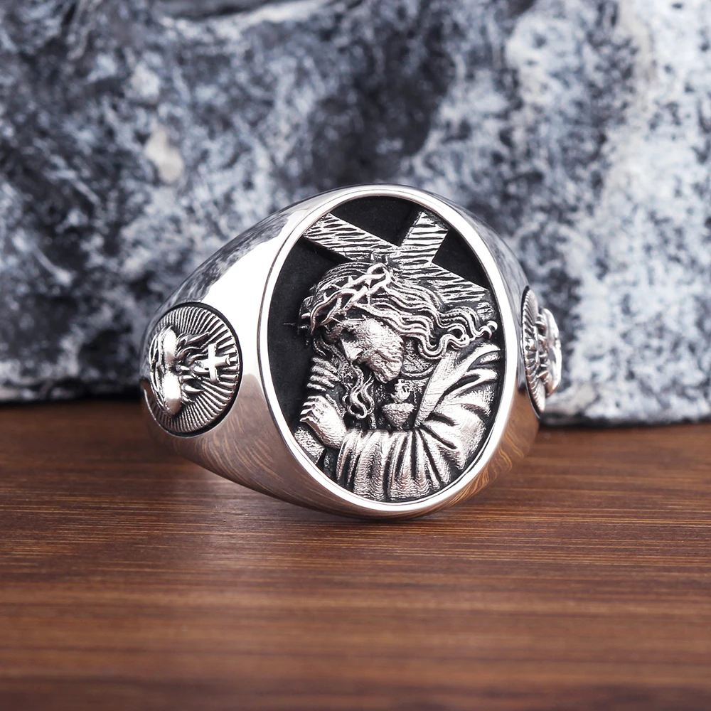 Jesus Catholic Christian Cross Religious Amulet Memorial to suffering Heart of the Virgin Silver Ring