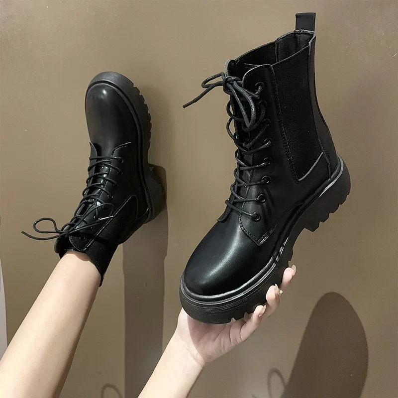 Lace Up Women Ankle Boots PU Leather 2023 Winter Woman Biker Boots Chunky Boots Fashion Black Combat Boots Zip Platform Boots