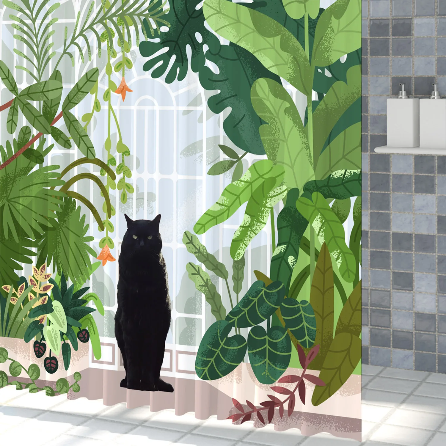 Green Tropical Rainforest Shower Curtain Cute Black Cat Modern Home Bathroom Decor Polyester Fabric Shower Curtains with Hooks