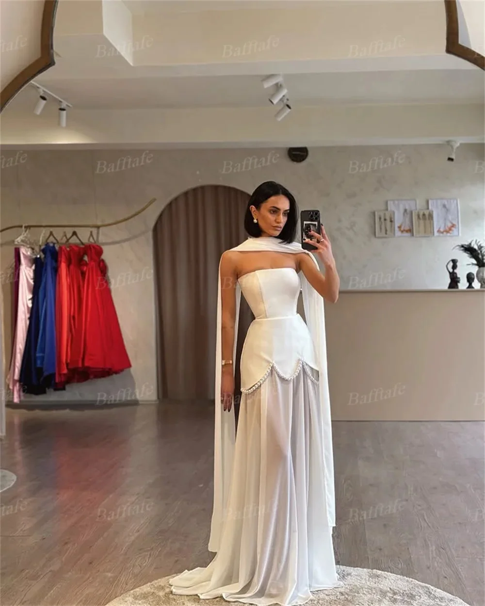 Bafftafe A Line Satin Chiffon Prom Dresses Customized Women Formal Occasion Gown Pearls Strapless Arabia Evening Party Dress image 4
