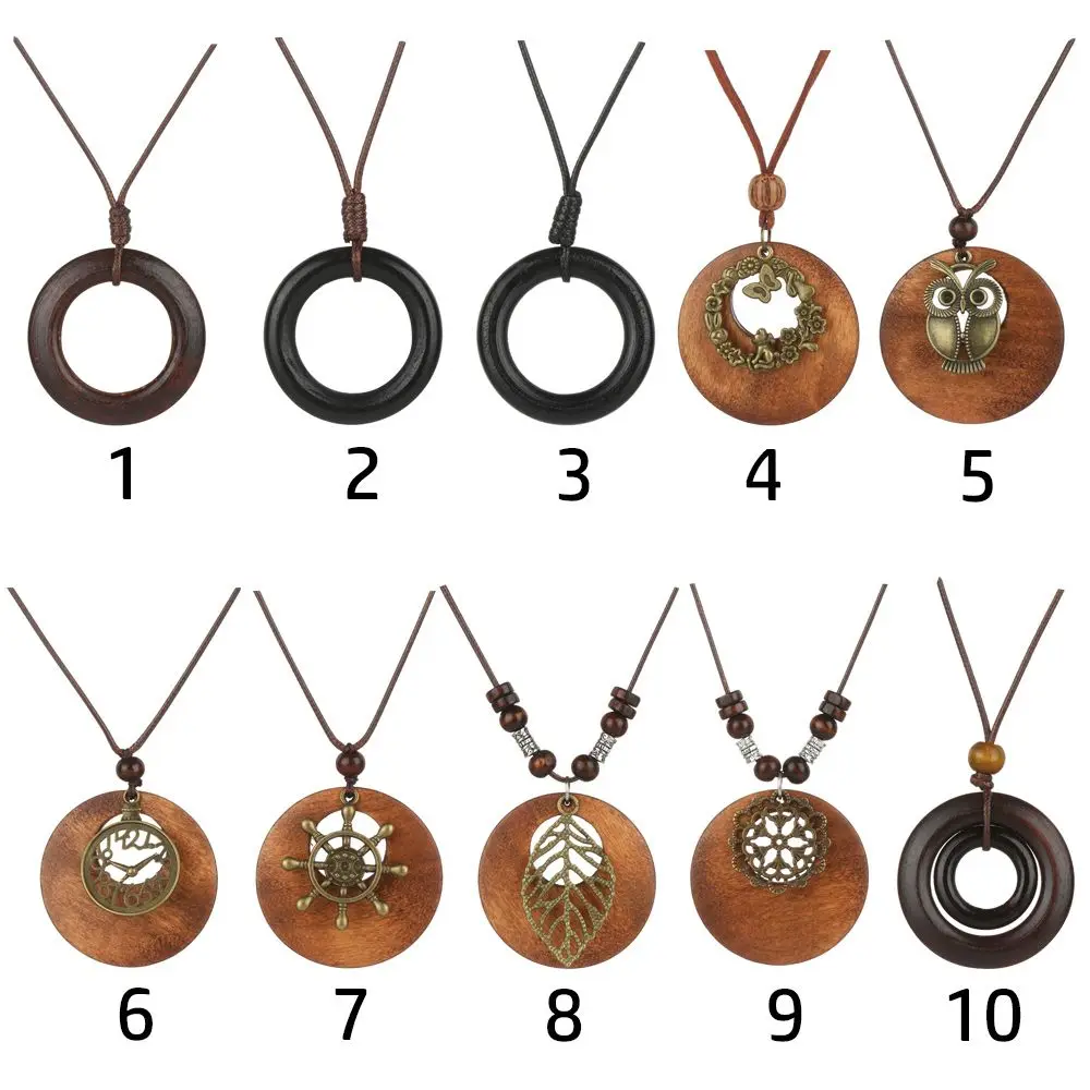 Retro Wooden Female Jewelry Collar Decoration Vintage Leather Lanyard Necklace Clothing Pendant Sweater Chain Sweater Necklace