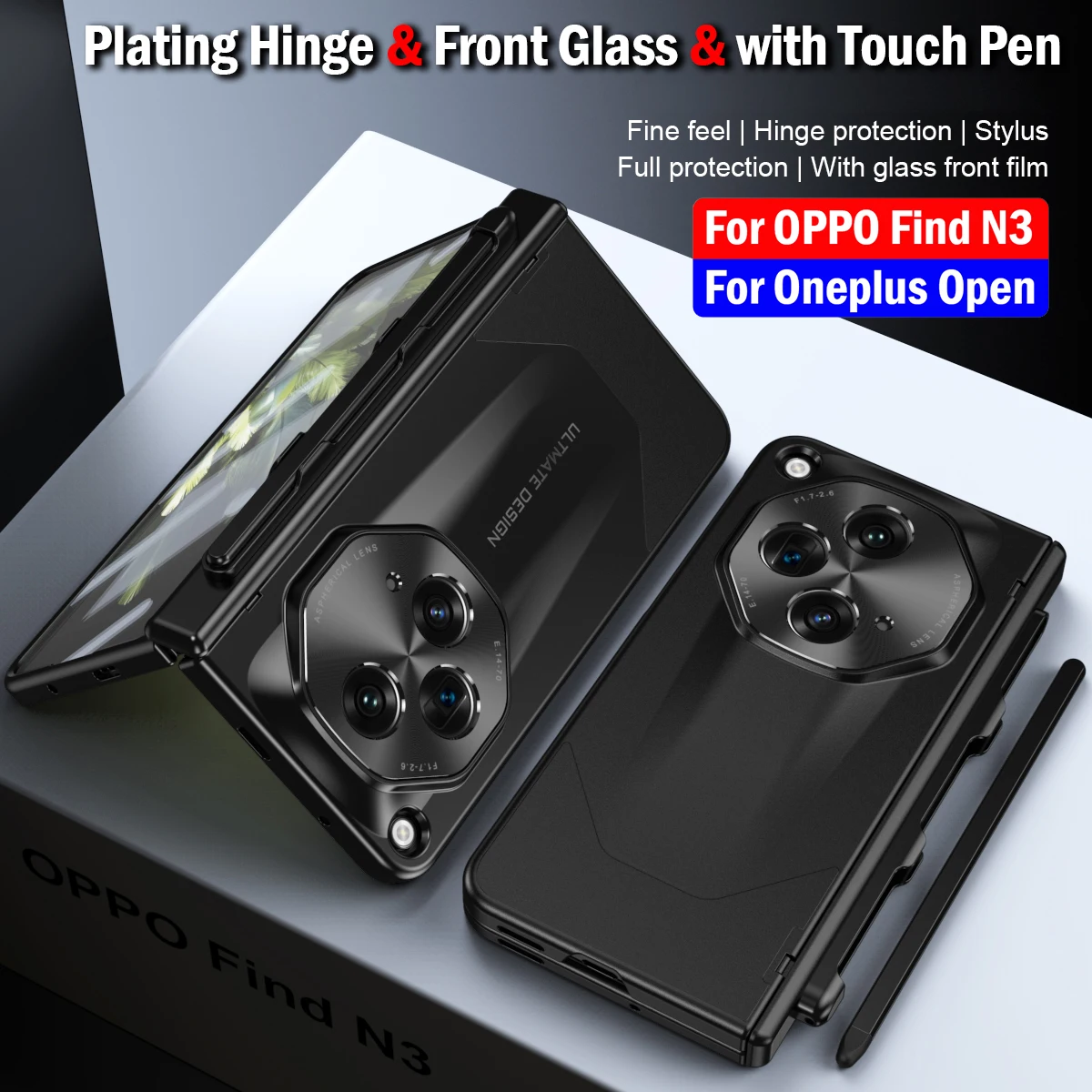 Touch Pen Capa for OPPO Find N3 Oneplus Open 5G Hinge Case Plating Hinge Full Protection Cover Pastable Pen Slot & Front Glass