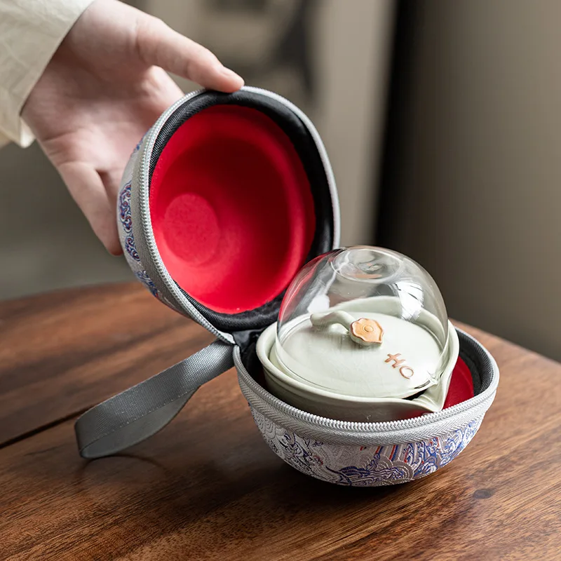 

Ru Kiln Portable Travel Tea Set Tea Water Separation Outdoor Cash Guest Cup Glass Male Cup One Pot Three Cups Customized