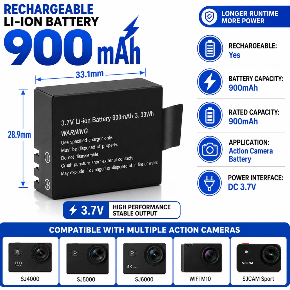 Cyfrowa bateria 3.7V o pojemności 900mAh, odpowiednia do kamer sportowych, przenośny zasilacz zapasowy, ładowalna, przedłuża żywotność baterii. — zdjęcie produktu 3