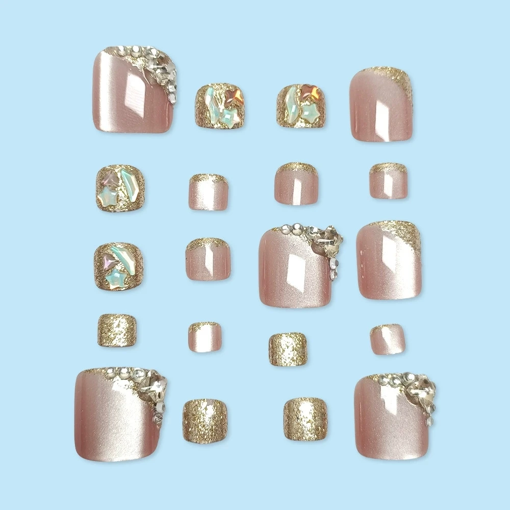 24pcs 달콤한 다채로운 다이아몬드 발톱 패치 프레스 광장 가짜 손톱 반짝이 스타 고양이 눈 거짓 손톱 장식 패션 발 손톱