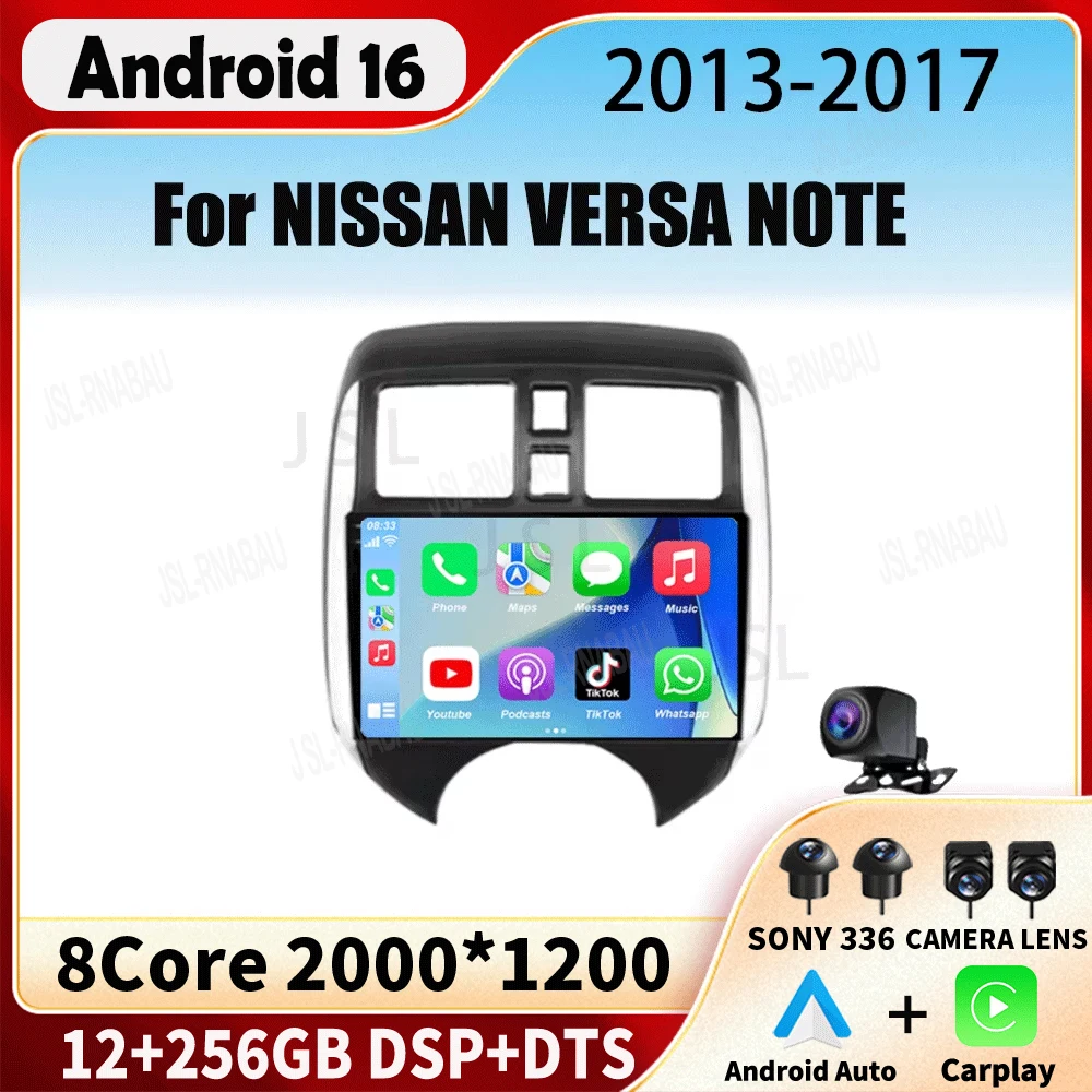 Radio de Auto con Android 16, DSP, RDS, Reproductor Multimedia Estéreo, GPS, Navegación, Carplay Inalámbrico, AUTO 4G para NISSAN VERSA NOTE 2013 - 2017