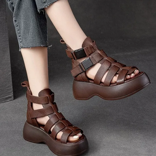 Spain Glas Women's High Top Platform Sandals Breathable Leather Hollow out Comfortable Casual Roman Style Shoes
