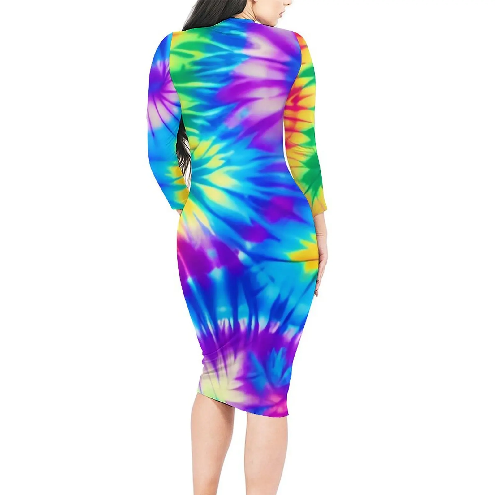 Colorful Tie Dye Dress Female Rainbow Print Street Style Bodycon Dress Holiday Long Sleeve Pretty Dresses Big Size Vestidos