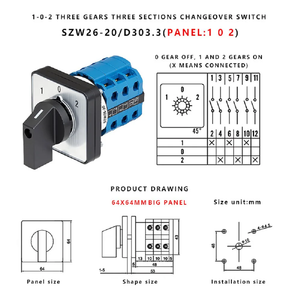 Manual Rotary Cam Changeover Switch SZW26-20/D303.3 20A 3-Section 1-0-2 Panel Mount Switch for Power System Protection