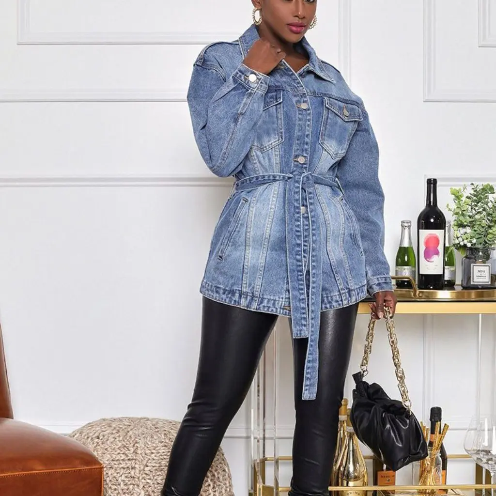 

Женская джинсовая куртка средней длины, повседневная ветровка Independent Station, новинка с поясом