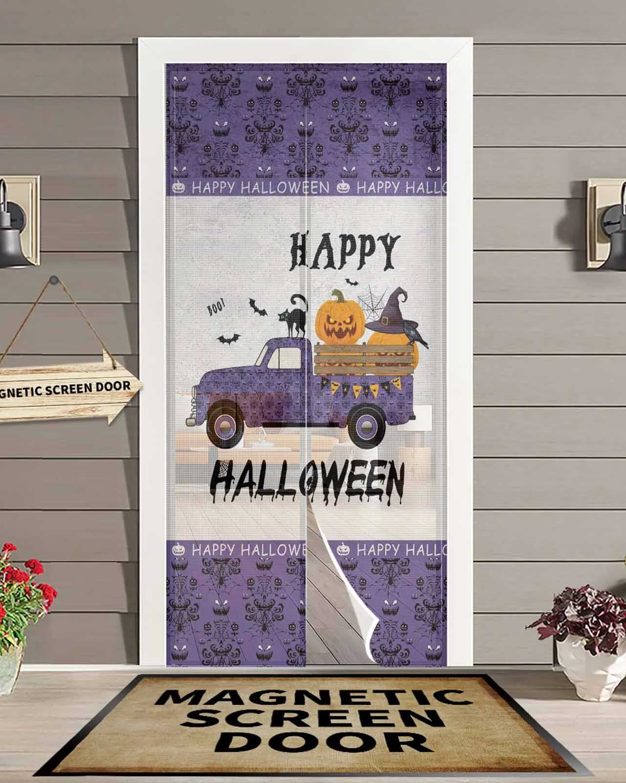 

Фиолетовый Хэллоуин, черный кот, грузовик, магнитная дверная занавеска для гостиной, спальни, дома, антимоскитная занавеска для двери