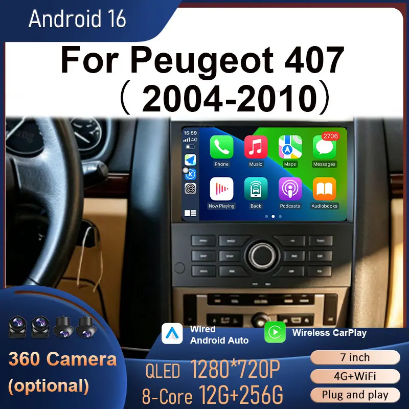 8 inch for Peugeot 407 2004  -  2010  Android Auto Car Radio Mutimedia  Player  GPS  Navigation  Bluetooth  4G  DSP  WFi  QLED