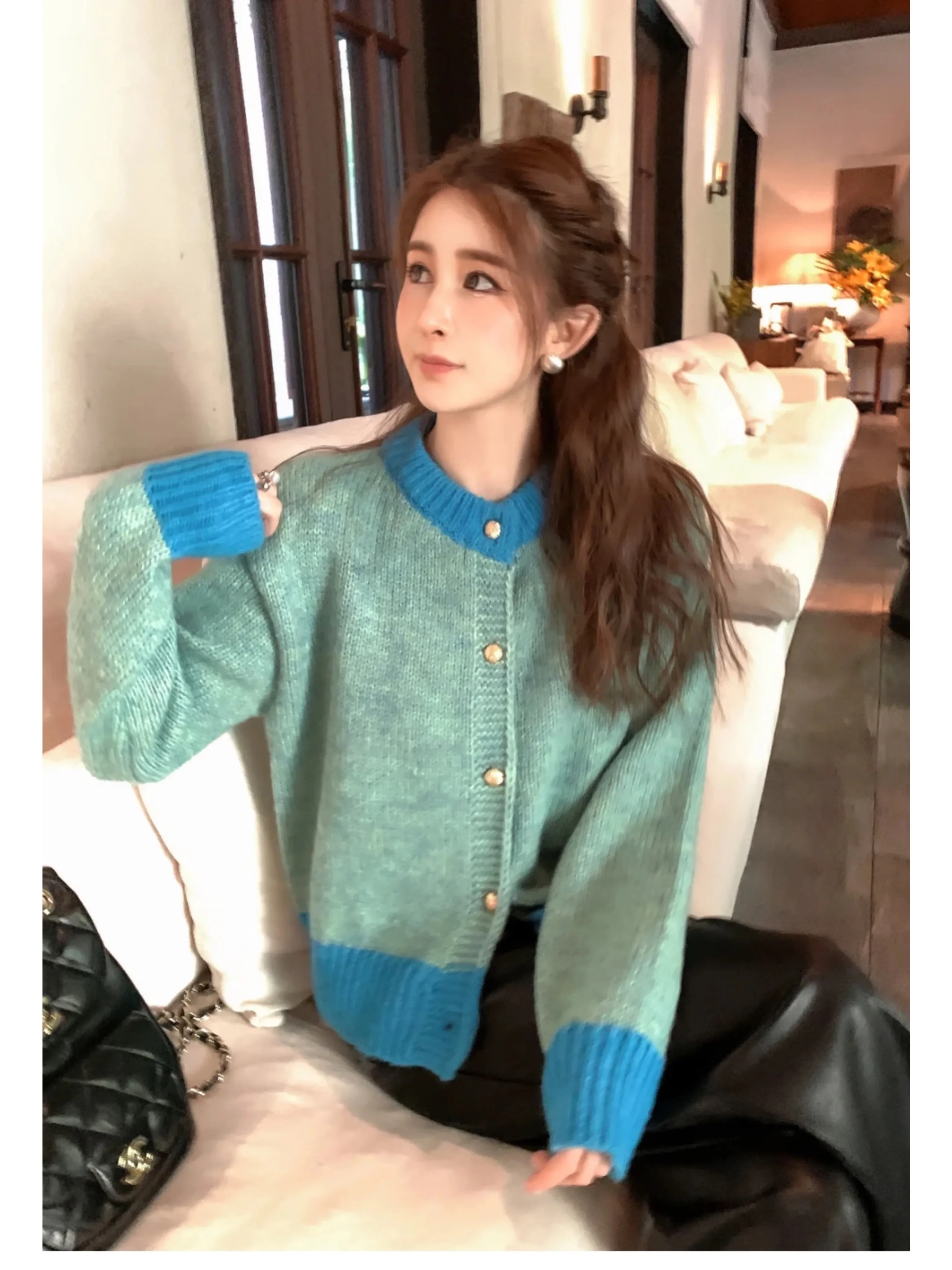 

Korean style niche lazy style soft glutinous sweater for women spring and autumn 2024 color blocked knitted cardigan jacket top