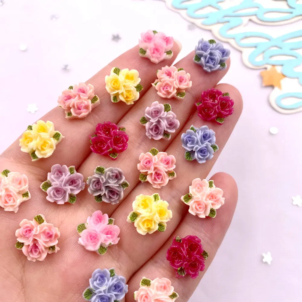 50pcs Resin Mini Colorful Three Leaf Rose Flat back Flower Figurines Nail Art DIY Wedding Scrapbooks Jewelry Crafts Accessories