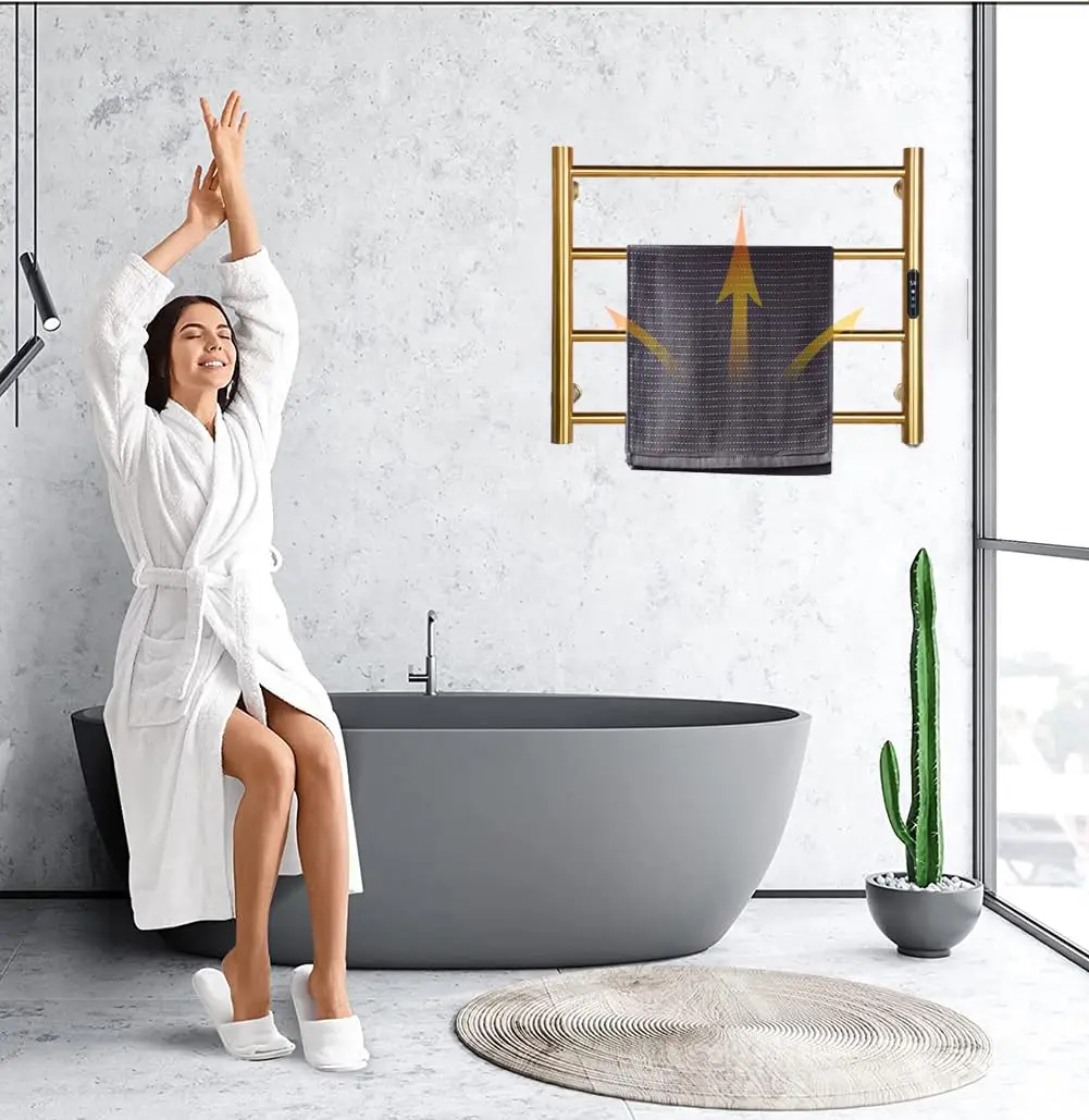 Golden Heating Towel Rack with 4 Bars - Bathroom Wall-mounted Electric Towel Dryer with Timer and Temperature Control