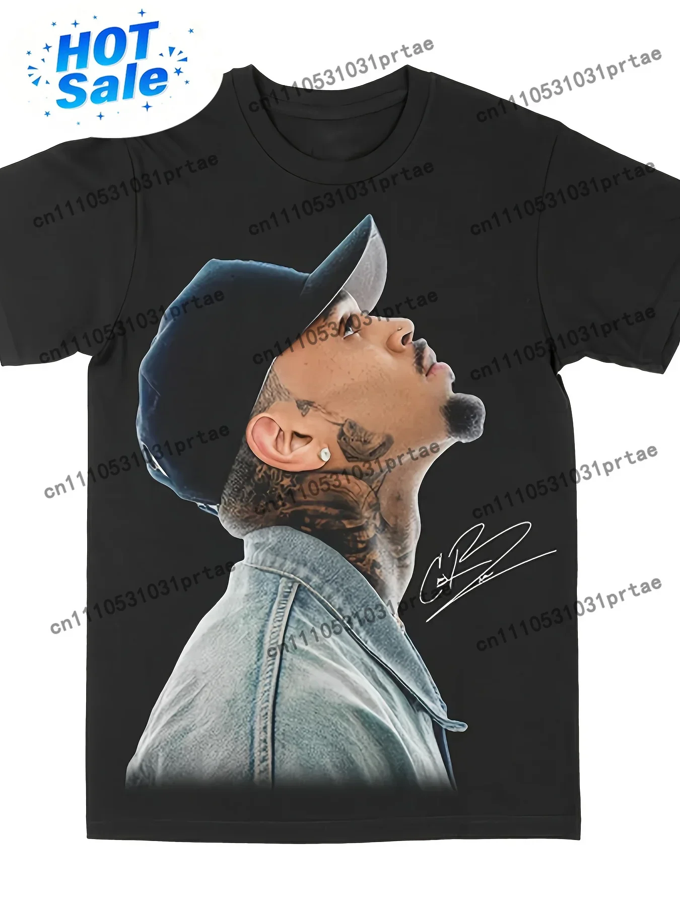 Men's Plus Size 220g Cotton Signature Portrait & Autograph T-Shirt Relaxed Fit Short Sleeve Tee with Heat Transfer Printed Black
