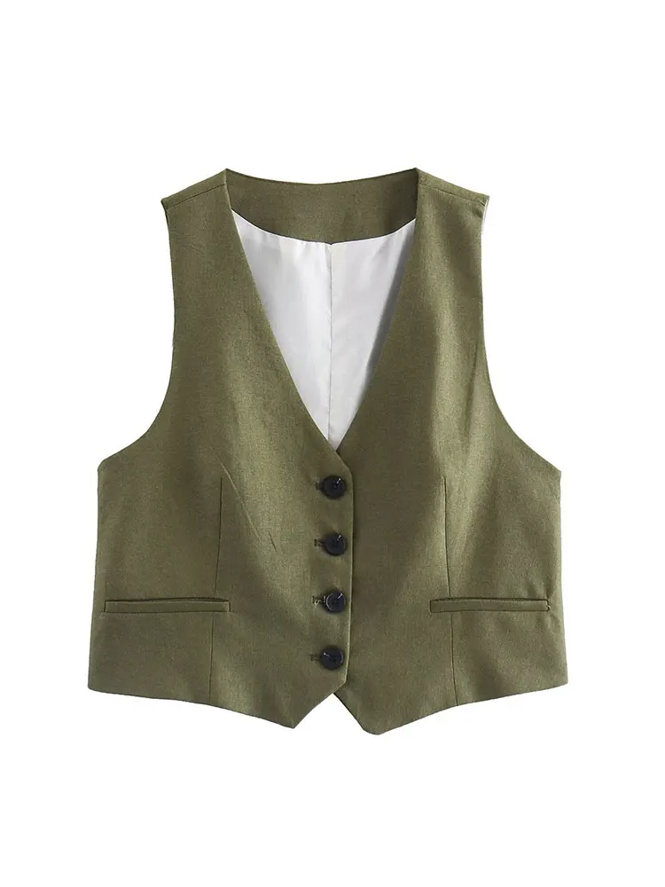 

TRAFZA Fashionable Linen Blend V-neck Single-breasted Buttoned Women's Street Sleeveless Vest Women's Office Commuting Short