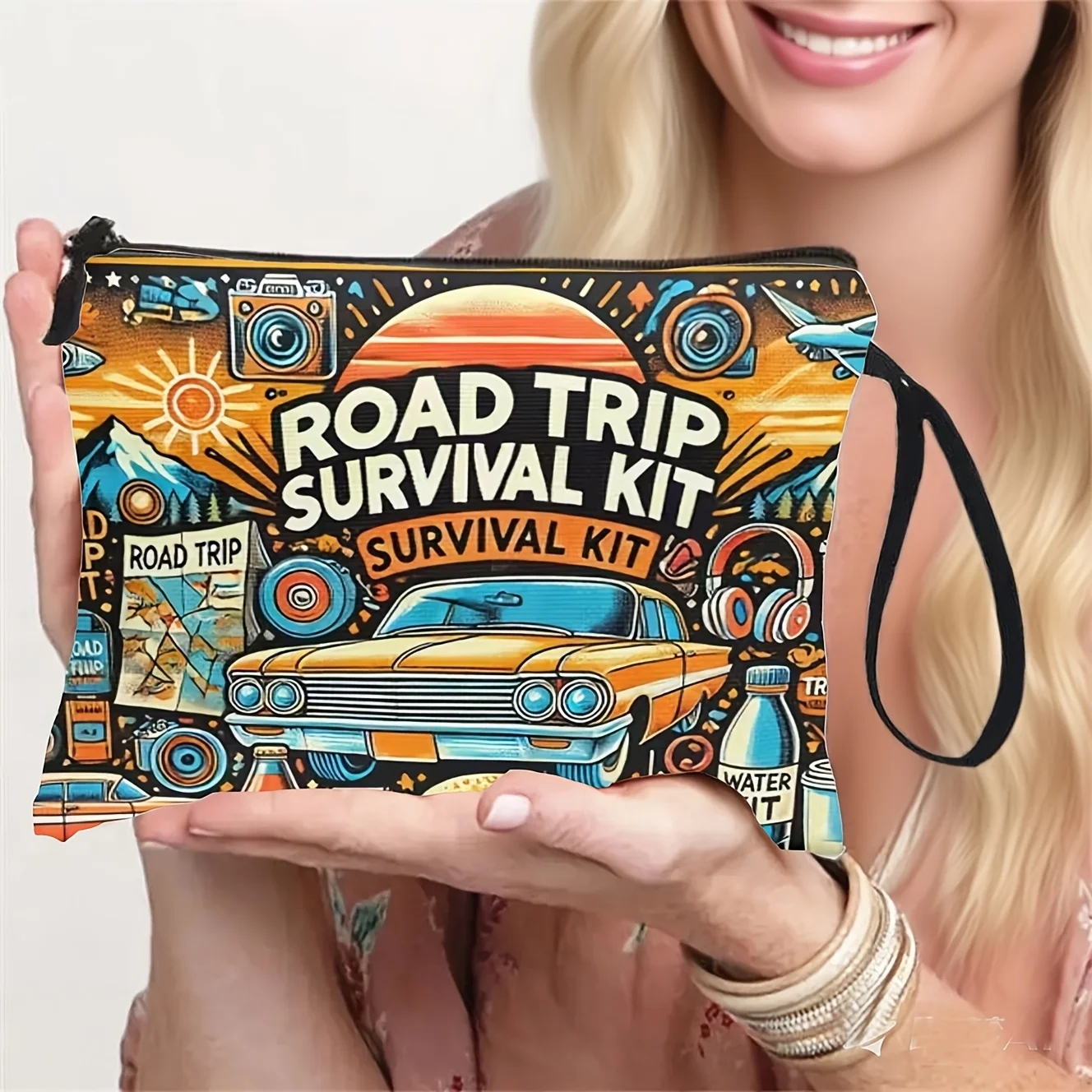 ROAD TRIP SURVIVAL KIT Road Trip Themed Makeup Bag Toiletry Organizer Pouch for Women Summer Travel Beach Accessories Gifts