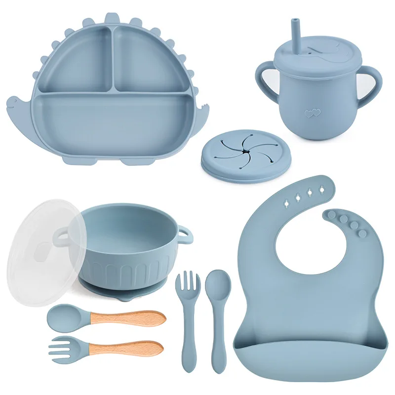 10Pcs Baby Silicone Dinosaur Plate With Lid Waterproof Bib Cup Wood Spoon Fork Bowl Set Newborn Feeding Anti slip Tableware Set