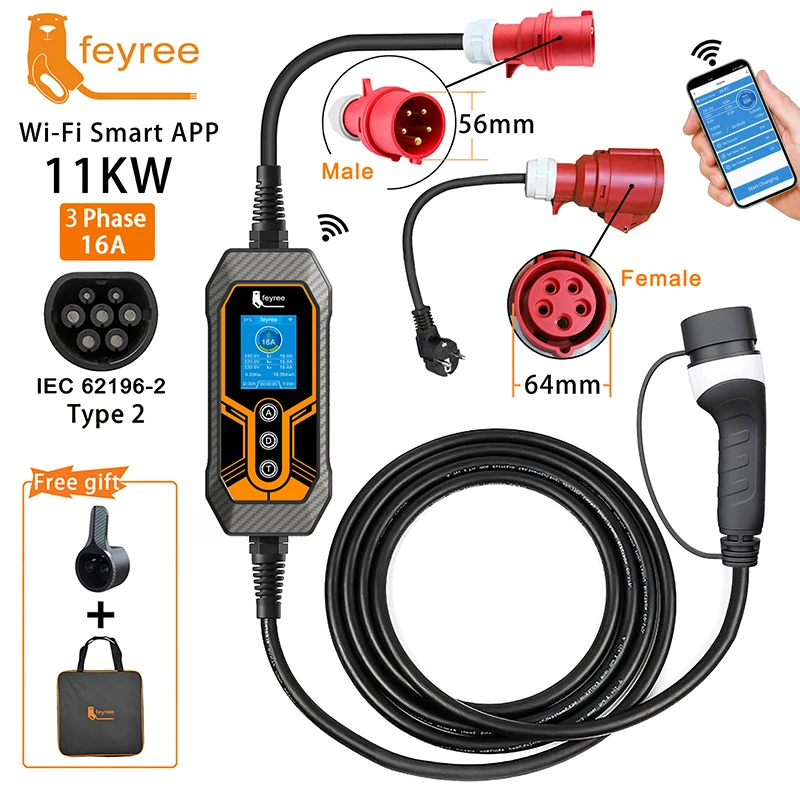 Feyree Typ 2 Tragbares EV-Ladegerät 11 kW 16 A 3-Phasen-WLAN-APP Bluetooth-Version EVSE-Ladekabel 5 m CEE-Stecker für Elektroauto