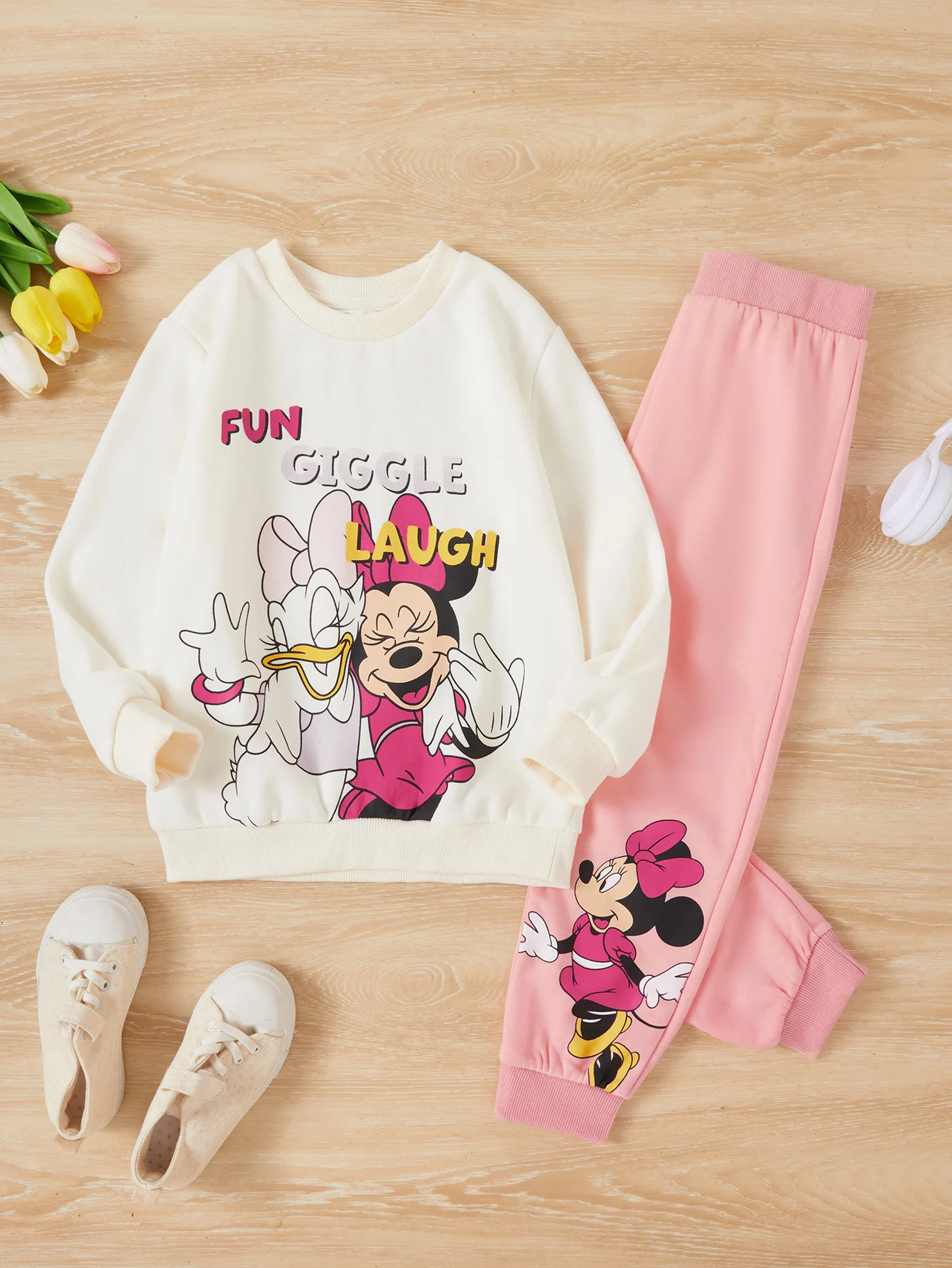 Conjunto de desenhos animados Disney Minnie Mouse para bebês, algodão puro, roupas fofas para crianças, roupas casuais para crianças, pato margarida, outono