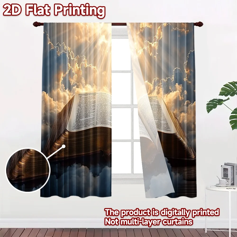 2D flat 2pcs Curtain Modern Minimalist Style Heavenly Open Bible Digitally printed polyester Festive Holiday Use for Photo