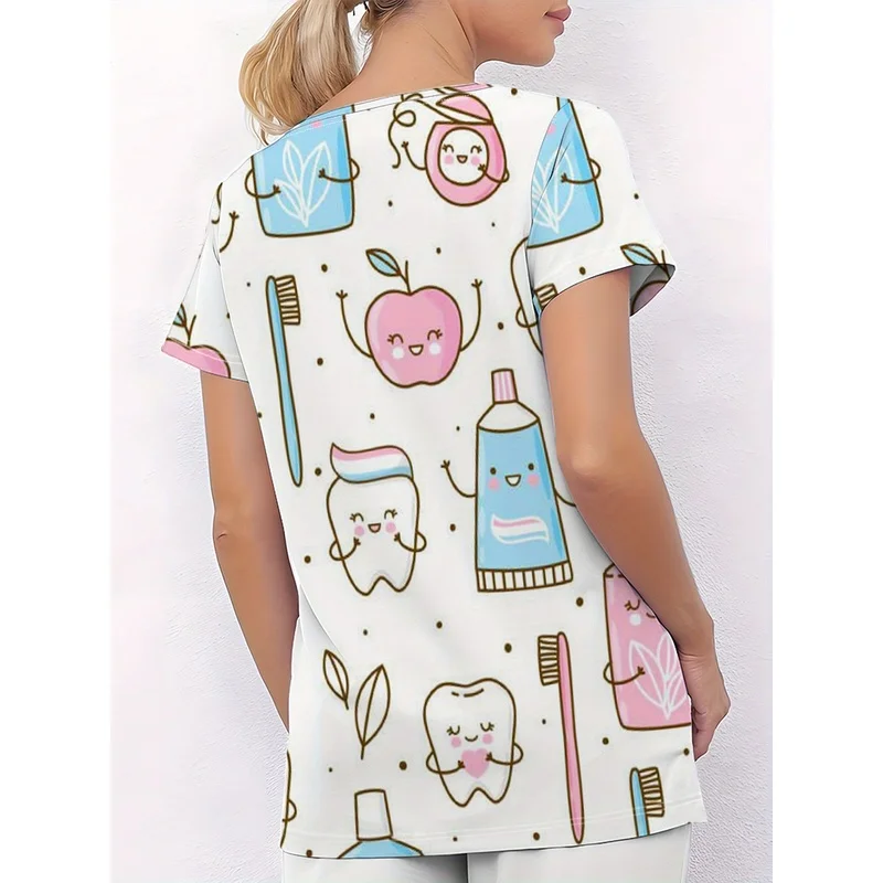 VCollarTT-shirt with vivid print design and pockets Comfortable and elastic fabric for doctor and nurse uniforms