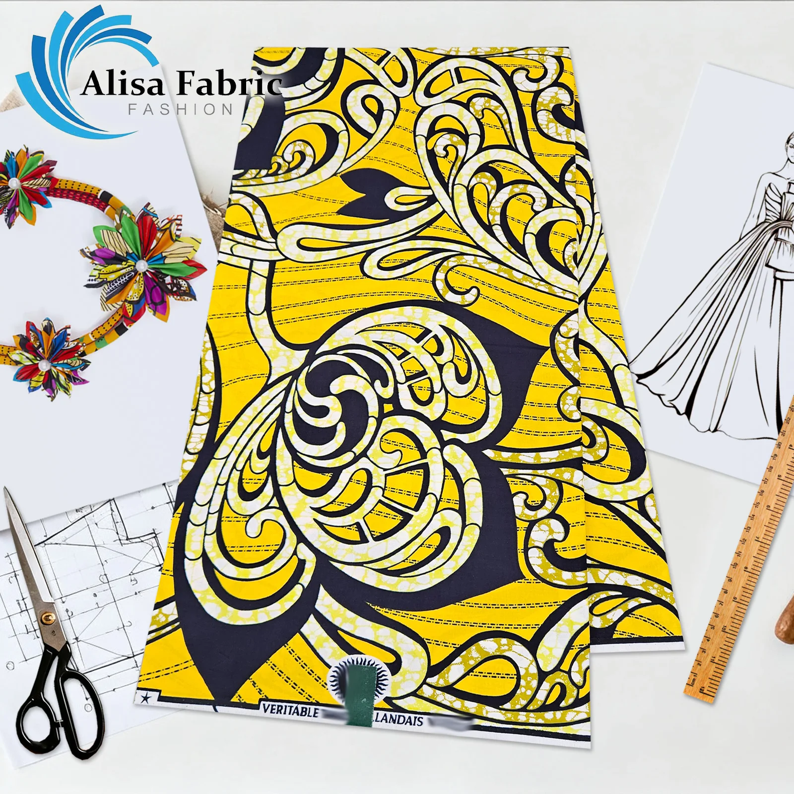 

Новейшая суперткань, африканская ткань, воск, 6 ярдов, 100% хлопок, Голландская мода 2025, оптовая продажа от кутюр для мужчин и женщин, желтый