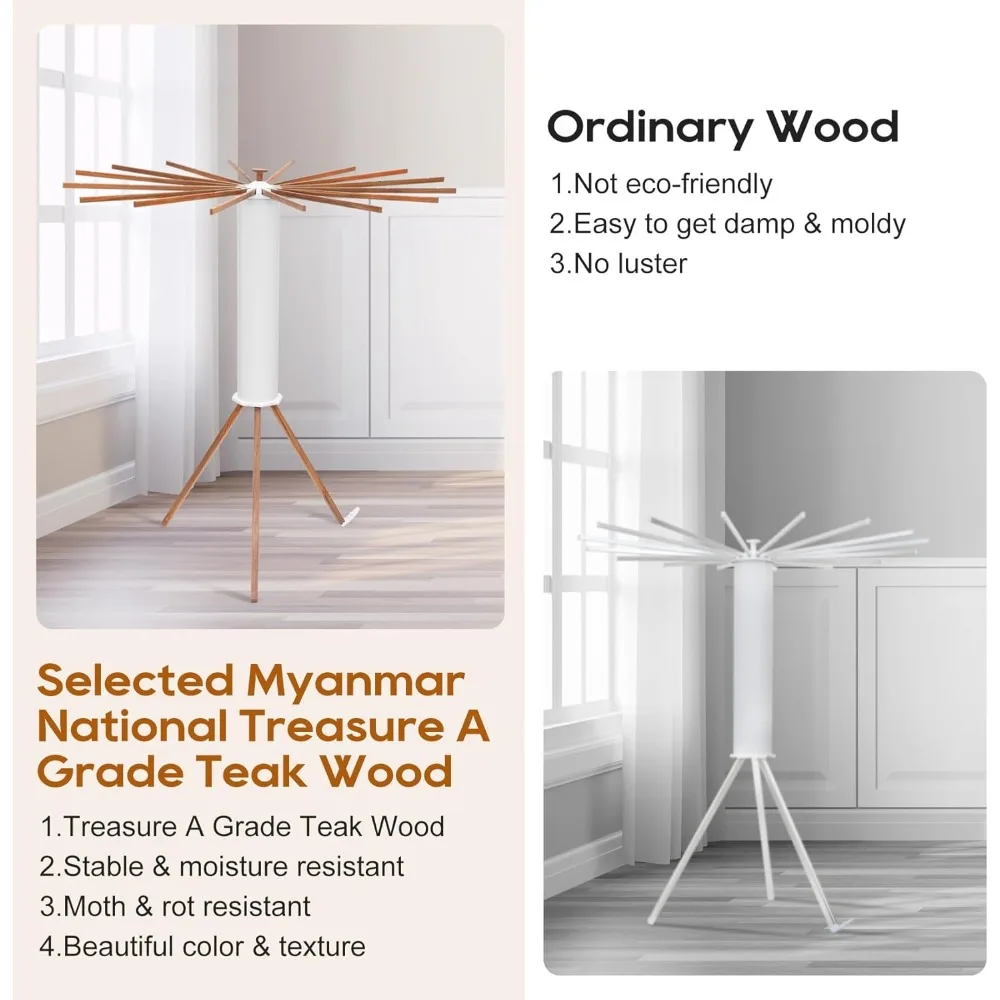 Portable Teak Tripod Clothes Drying Rack, Foldable Space & Saving Design, Versatile Laundry with 16 Waterproof Wood Rods