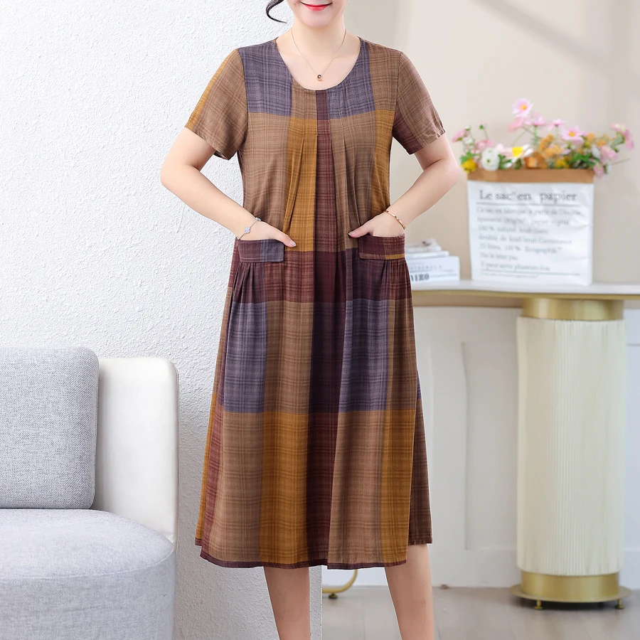 New Casual Fashion Summer Dress For Women 2022 Short Sleeve Mid-Calf Loose Waist O-Neck Robe Femme Plaid Dresses