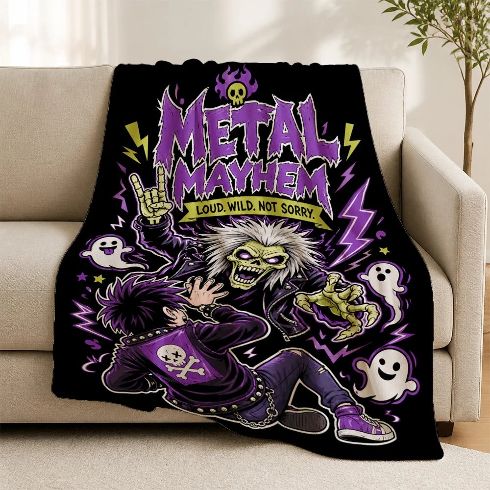 Metal Mayhem Skull Rock Band Throw Blanket Sofa Throw Decorative Couch Decor Gift for Him Halloween Edgy Style Fleece Blanket