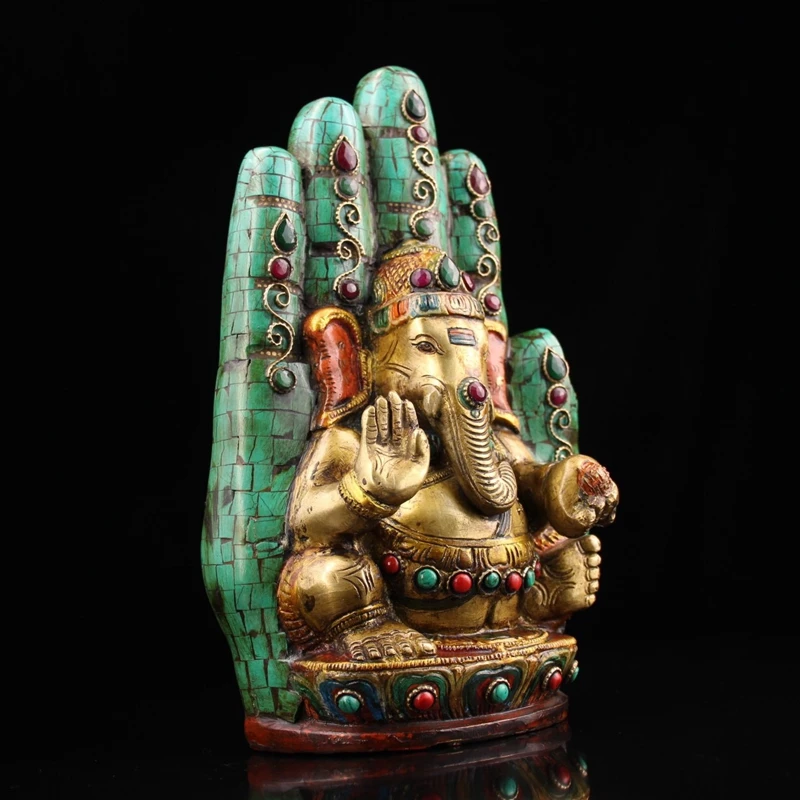 Antique Collection Thai Pure Copper Inlaid Gemstone Bergamot Elephant Trunk God of Wealth Statue Indian Elephant Head God Bronze