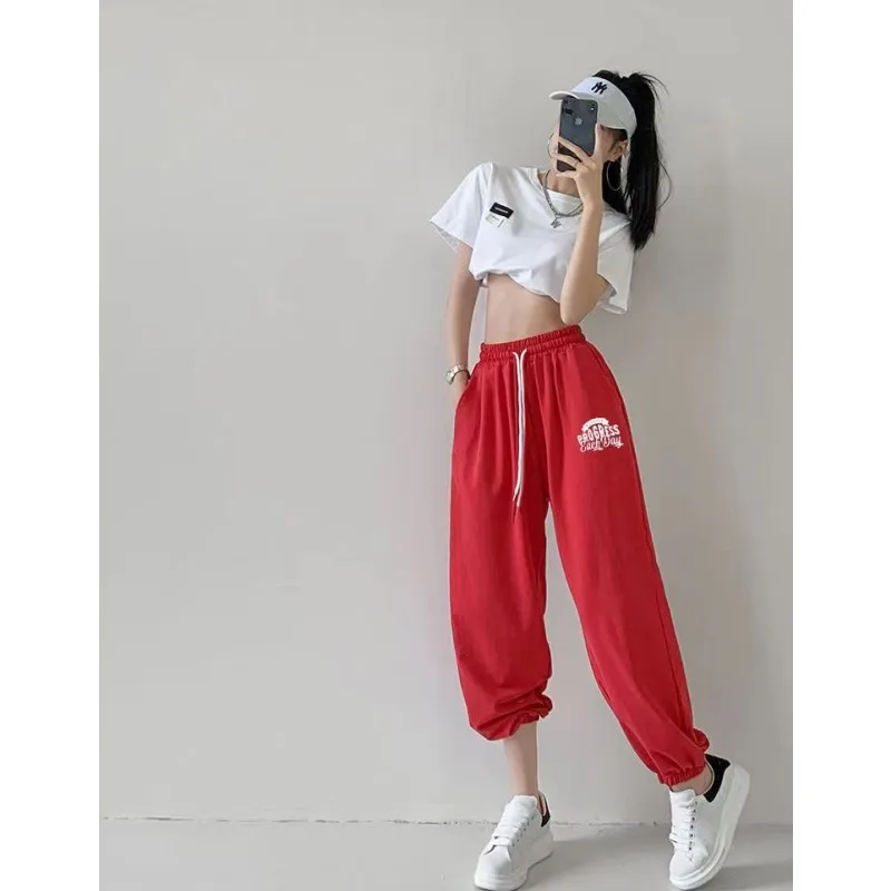 Street Dance Drawstring Design Wide Leg Pants Women European American Vintage Letter Print Trousers 2024 New Summer Y2K Pants