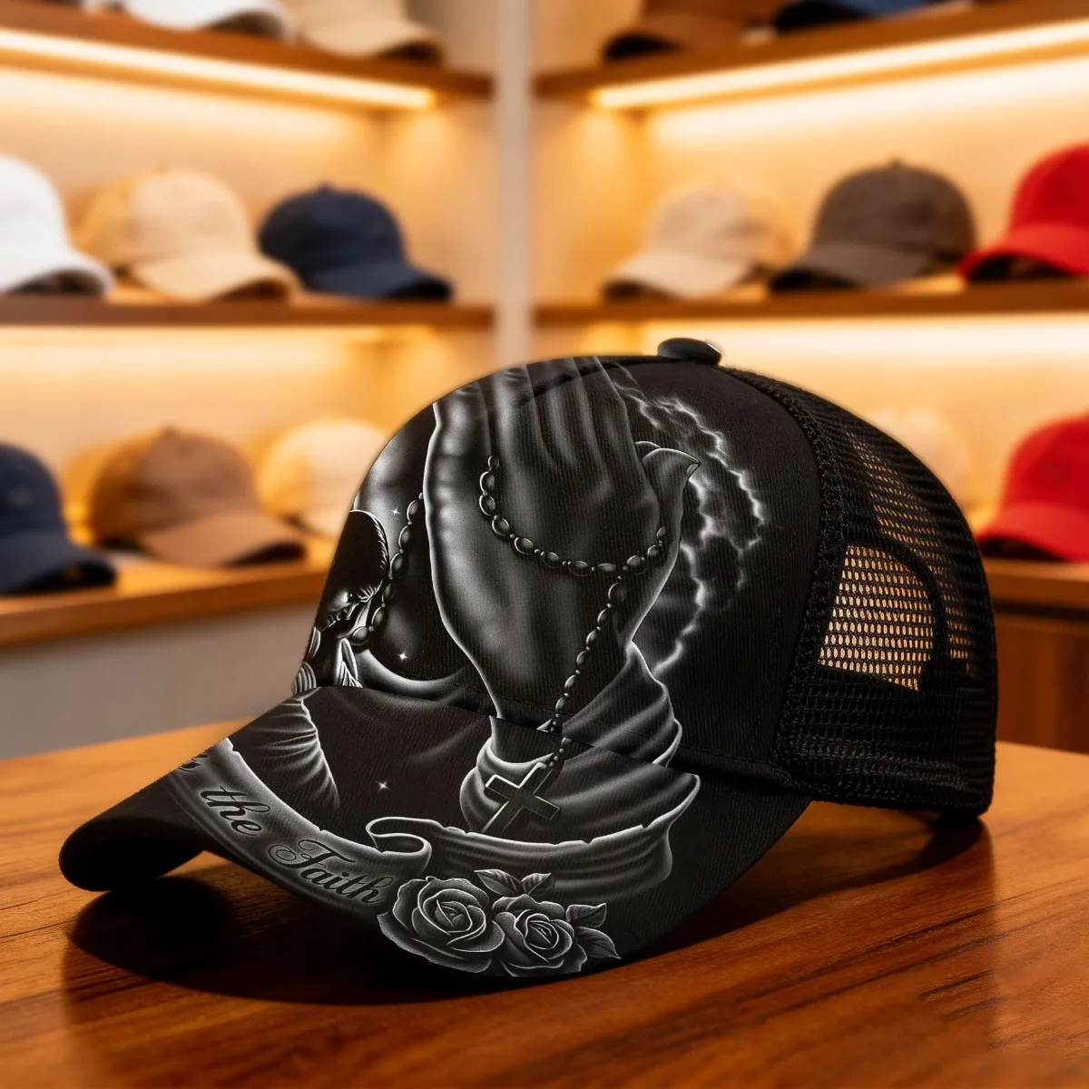 1pc Faith Hope Praying Hands Rosary Adjustable Snapback Cap Mesh Cap Breathable Design with Vibrant Design