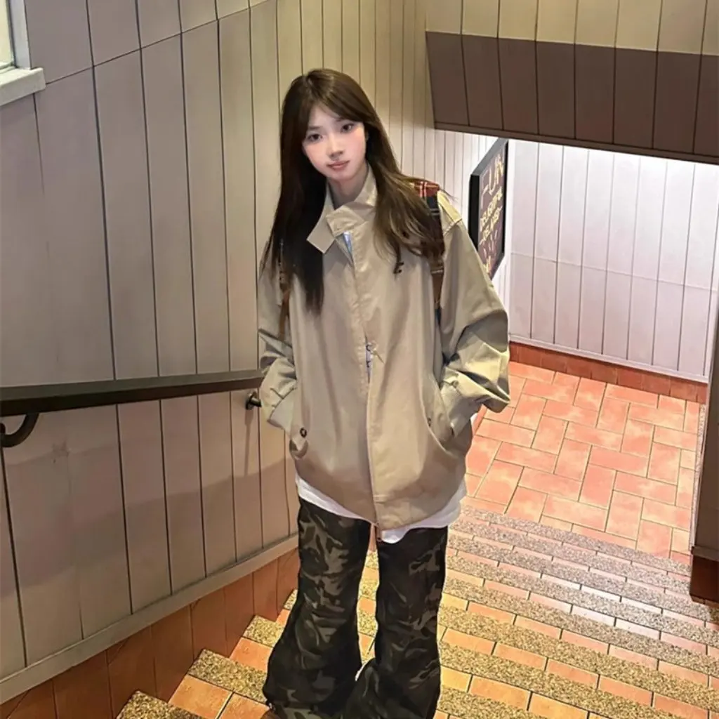 

Женское пальто с воротником в стиле ретро в американском стиле, весна-осень 2023, корейская универсальная рабочая куртка свободного покроя для пар