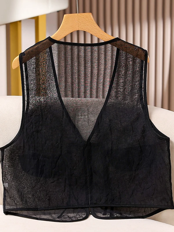 Retro Chinese Style Black V-Neck Women's Vest Summer Thin Mesh Jacket Lightweight Floaty Tassel Detail Outerwear Top