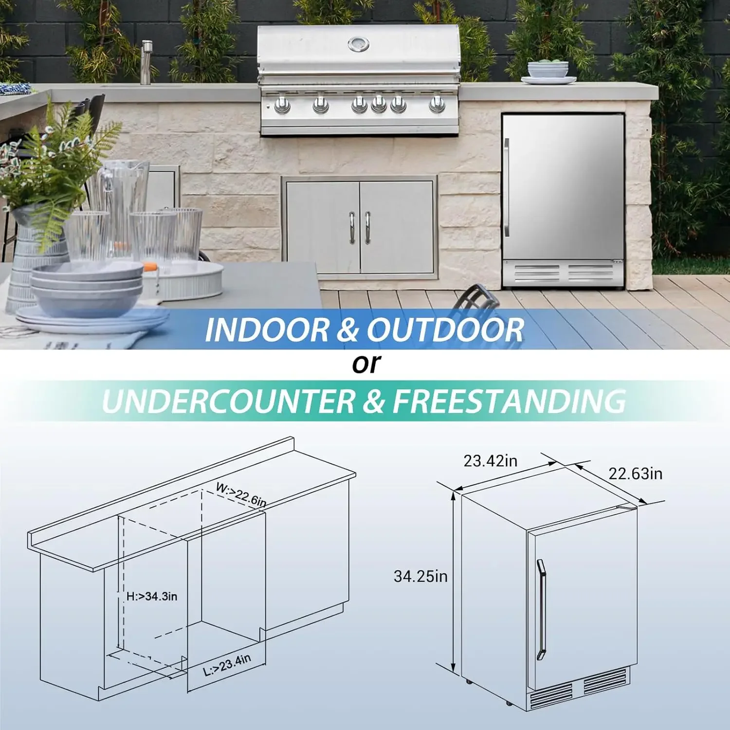 Frigorífico al aire libre, enfriador de bebidas debajo del mostrador para patio, refrigerador de bebidas incorporado 210 latas, con acero inoxidable S