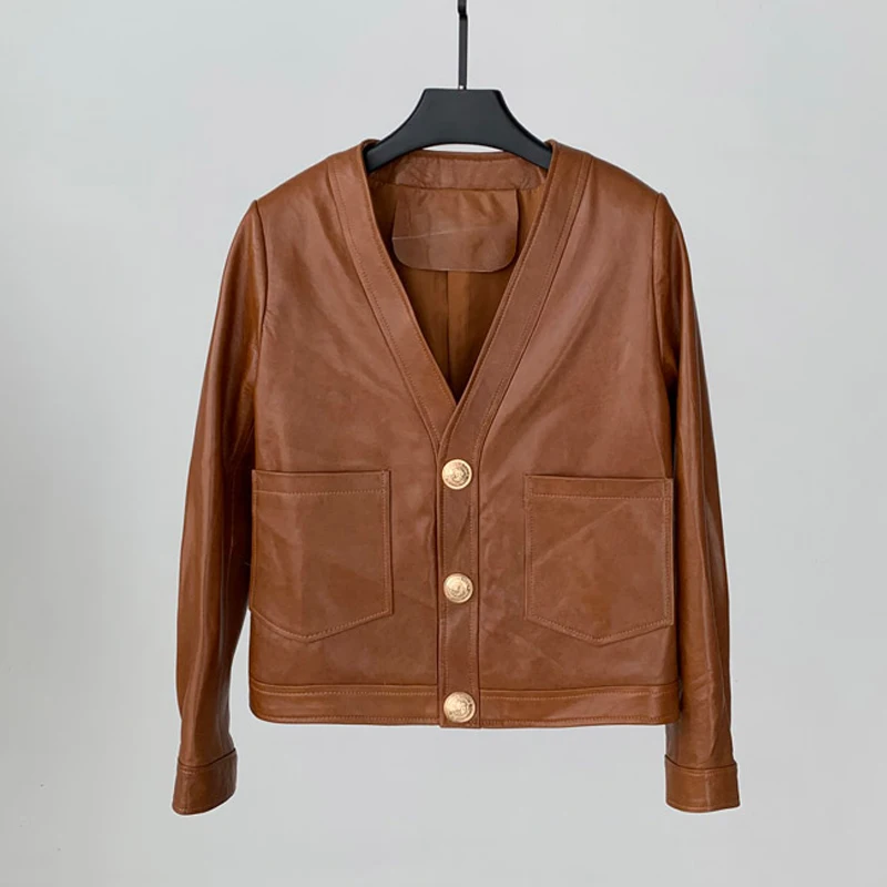 Giacche corte con scollo a V da donna in pelle di pecora al 100% 2025 Cappotti in vera pelle a maniche lunghe monopetto da donna a vita alta