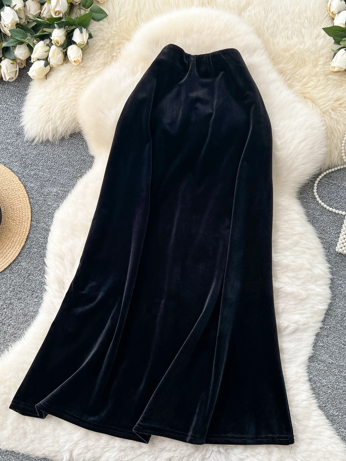 

Retro Bla Velvet f Skirt Women's High Waist Slimming Drape Fi Tail Midi Skirt Korean Sle Commute Ci Scenarios