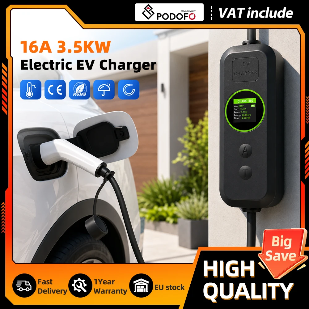 Podofo Einstellbares Typ-2-EV-Ladegerät 3,5 kW 16 A 5 m Ladekabel LCD-Bildschirm 8 10 13 16 A Stromstärke IP65-Schutz Tragbares EV-Ladegerät für Elektroautos, Zuhause, Outdoor, Camping, Laden