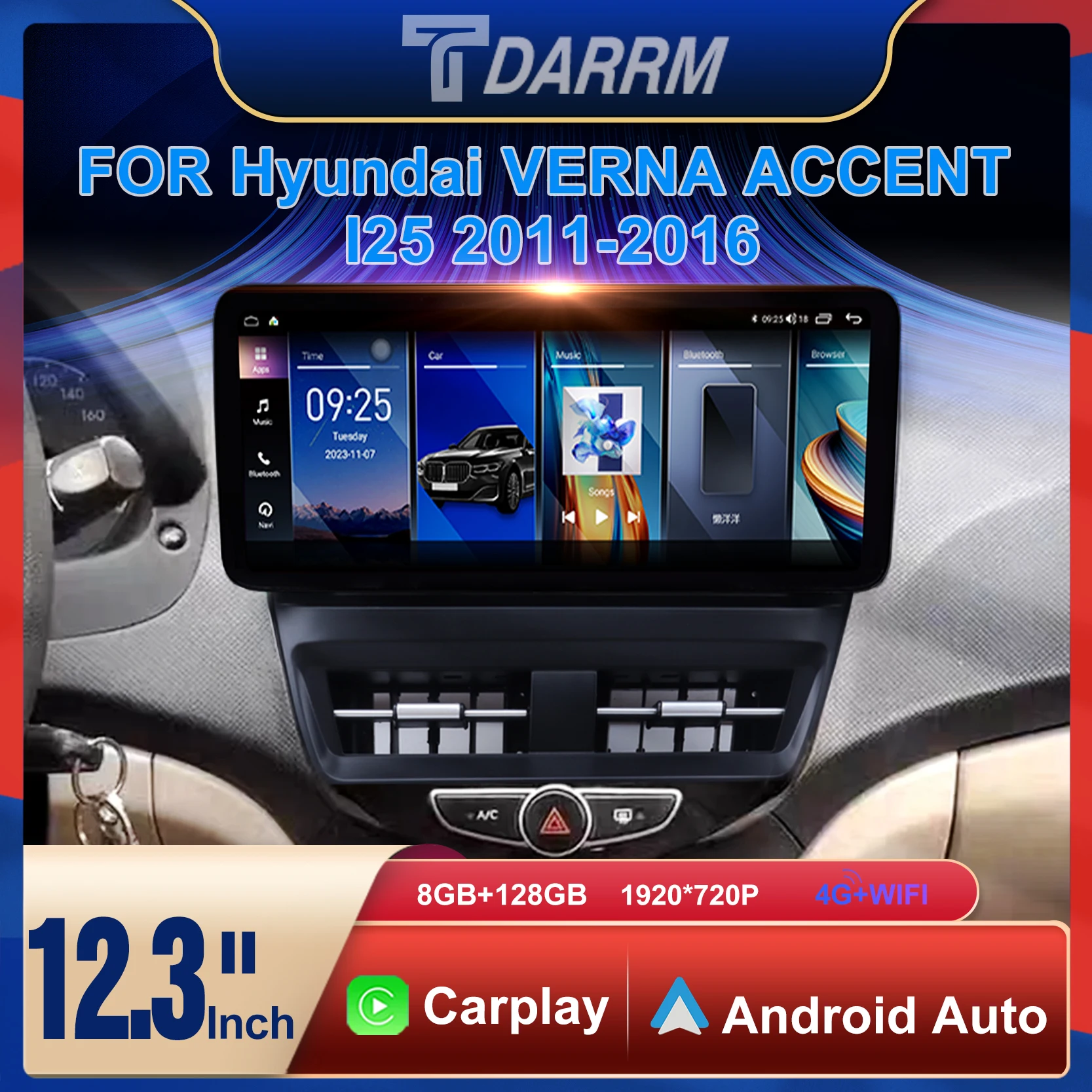 12.3inch for Hyundai Solaris Verna Accent 1 2010-2016Android 12 Car Radio Multimedia Video Player DVD Head Unit Carplay GPS