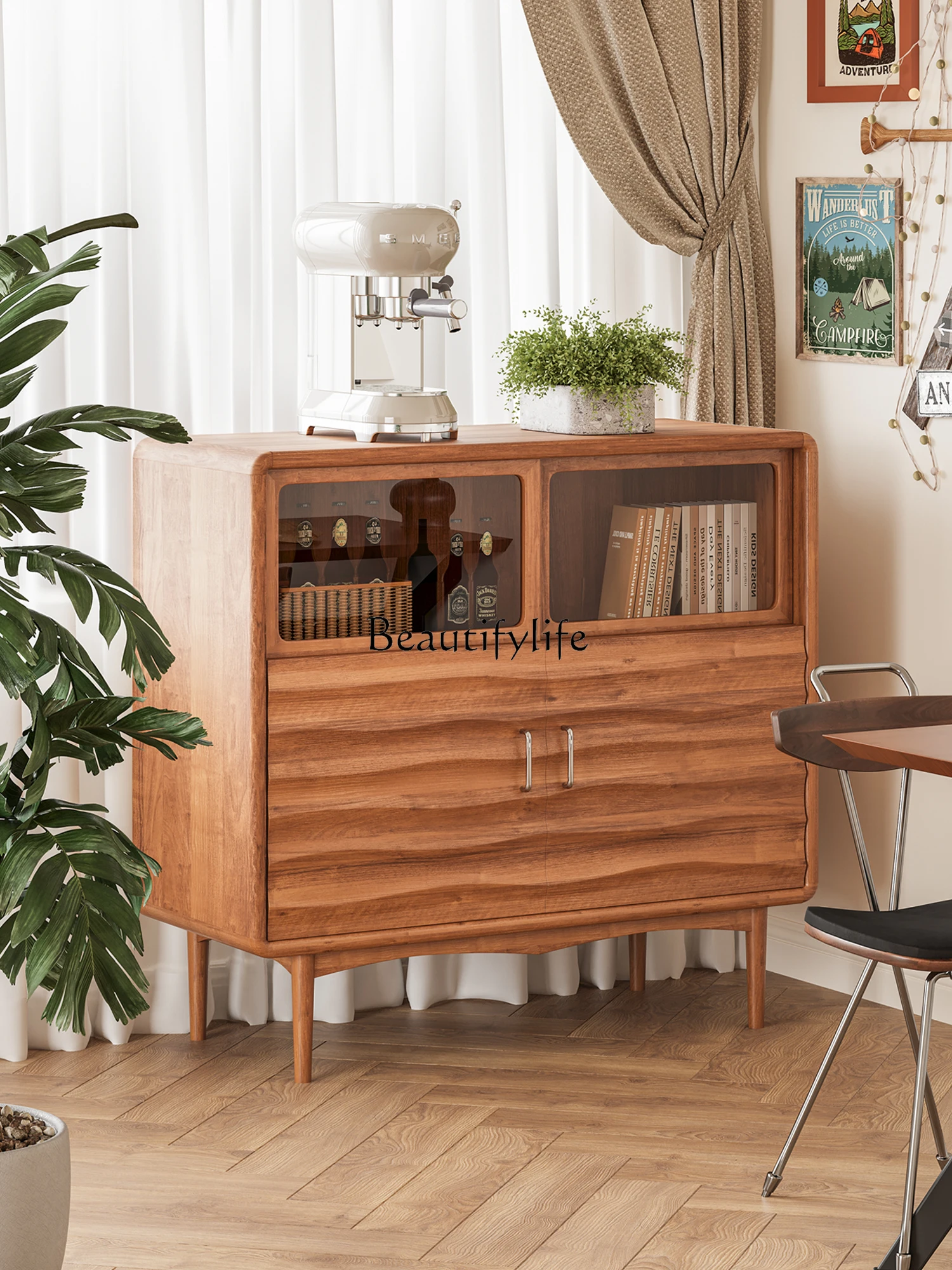 Wood Feng Shui Corrugated Sideboard Cabinet Living Room and Kitchen Corner Storage Organizer Integrated Wine Cabinet