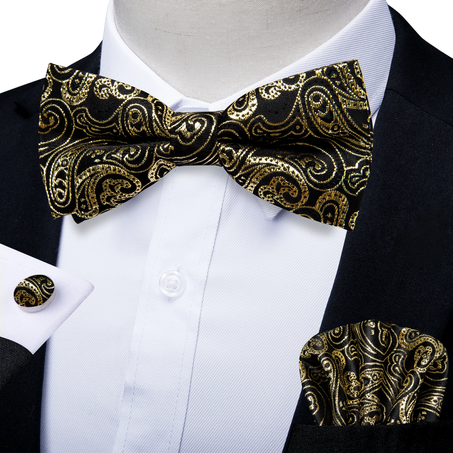 Herren-Fliege 3-teiliges Set Schwarz-Gold Blumenmuster Vorgebundene Fliege Manschettenknöpfe Einstecktuch-Set für Hochzeit Party Herren-Krawatte – Detail 8