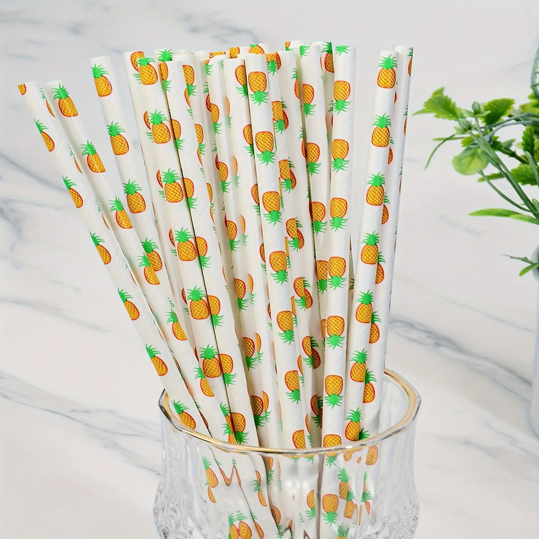 6*197mm disposable pineapple pattern paper straws flat bulk durable 100pcs pack food grade straws milk cocktail appropriate