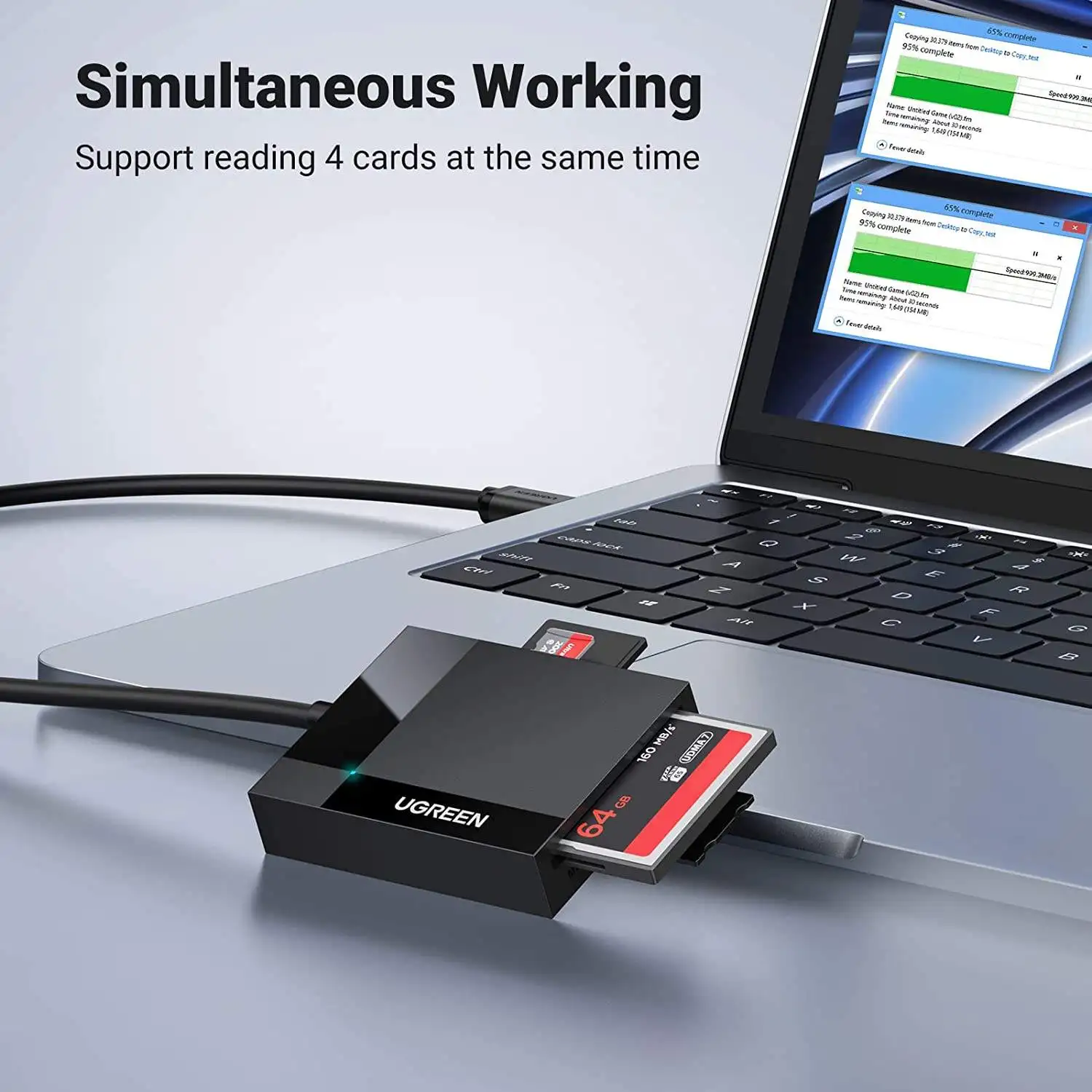 UGREEN Read and Write 4 Card Simultaneously SD Card Reader 4 Ports 5Gbps Transfer Speed with 1M Longer Cable Cord