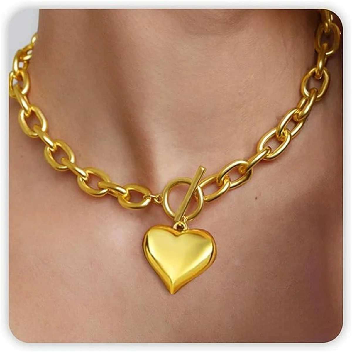 

Chunky Heart Necklace 14k Gold Heart Toggle Necklaces for Women Gold Statement Choker Necklaces with Thick Chain Birthday Gift
