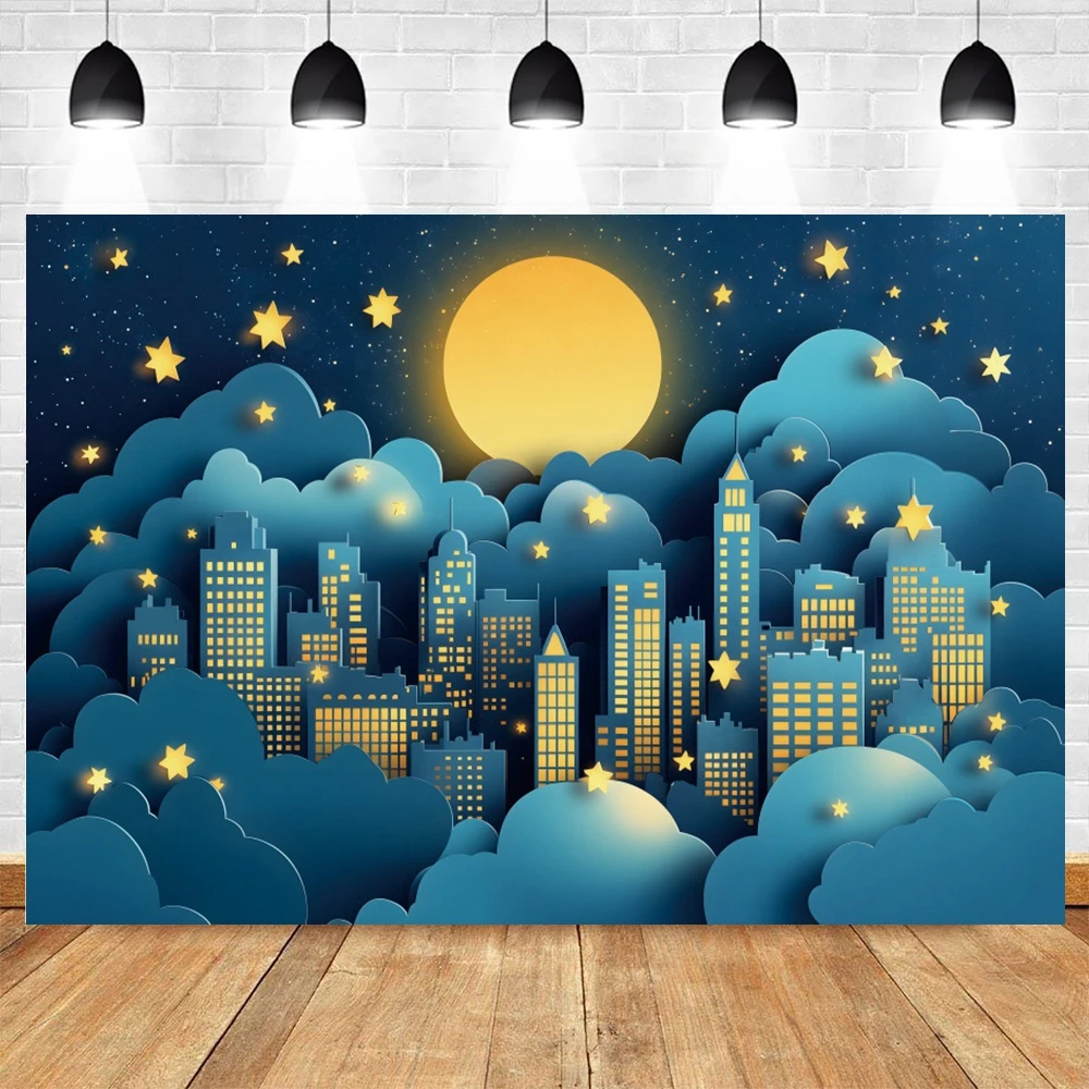 Baby 1st Birthday Party Backdrop Night City Bulidings Moon Stars Cake Smash Photography Background Wall Decor Photo Studio Props